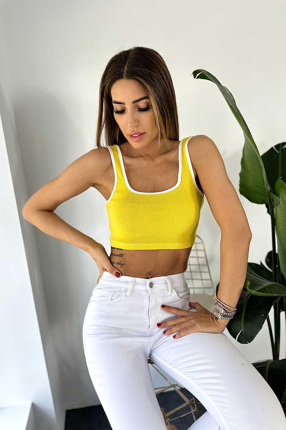 Orjinal Marka Askılı Zıt Renk Fitilli Crop Sarı