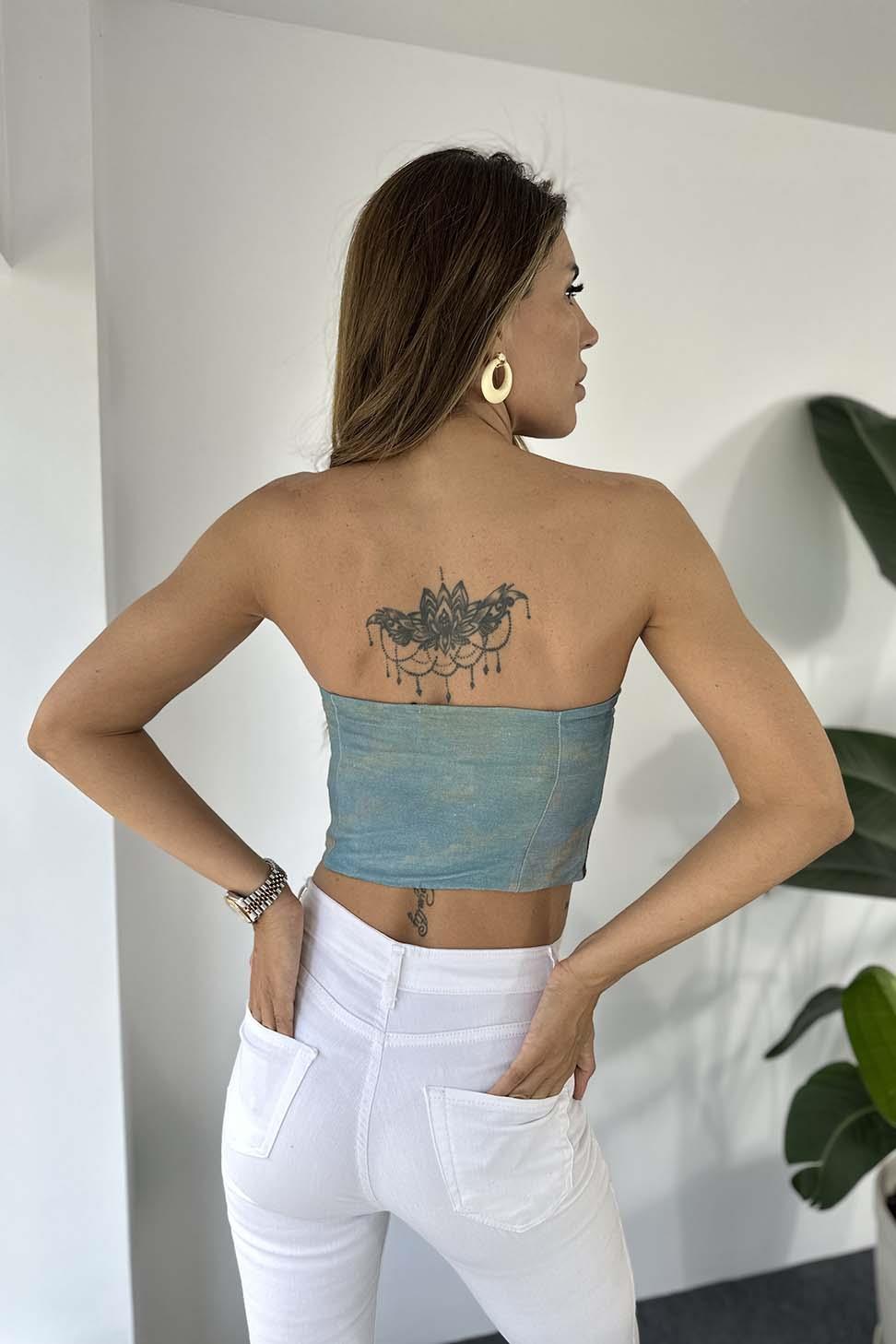 Orjinal Marka Bebek Desenli Askılı Crop Bluz Mavi