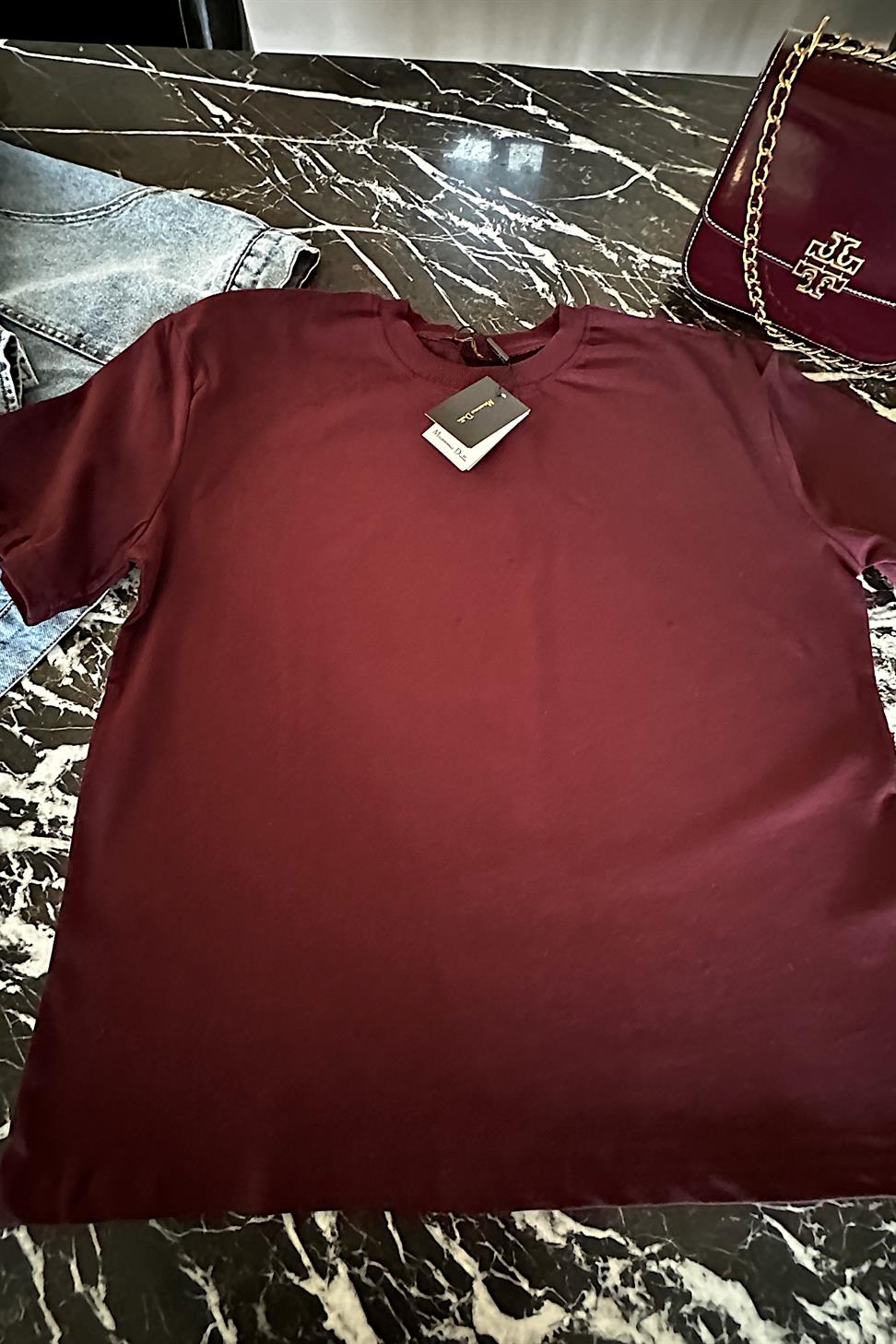 Orjinal Marka Bisiklet Yaka Tok Doku Basic Tişört Mürdüm