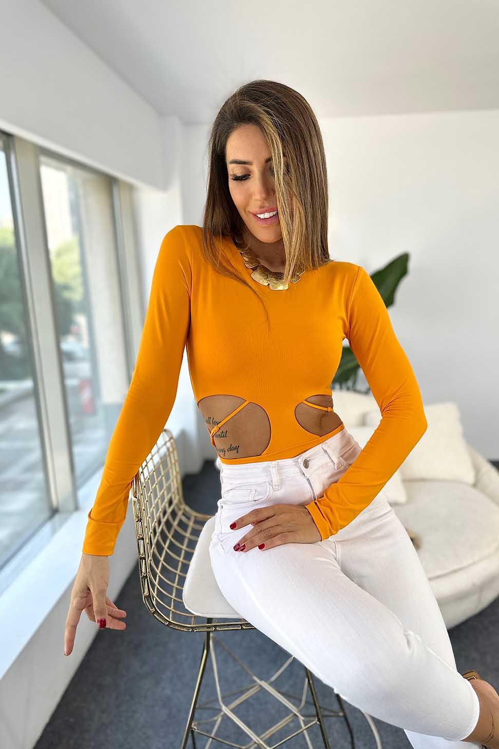 Orjinal Marka Dekolte Detaylı Body Suit Turuncu