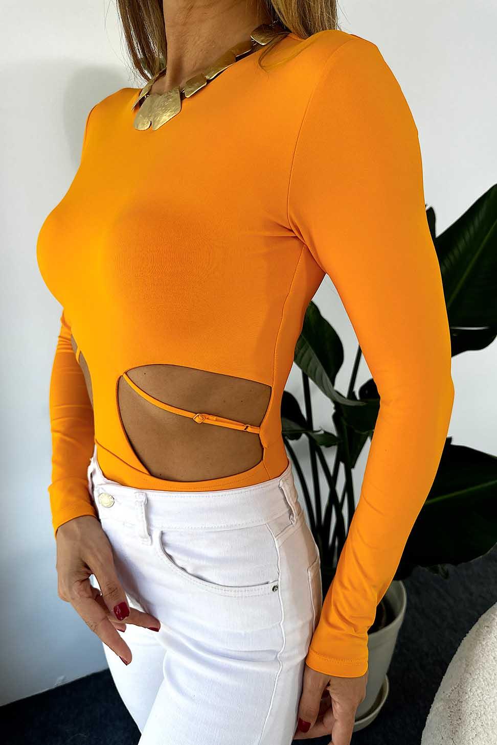 Orjinal Marka Dekolte Detaylı Body Suit Turuncu