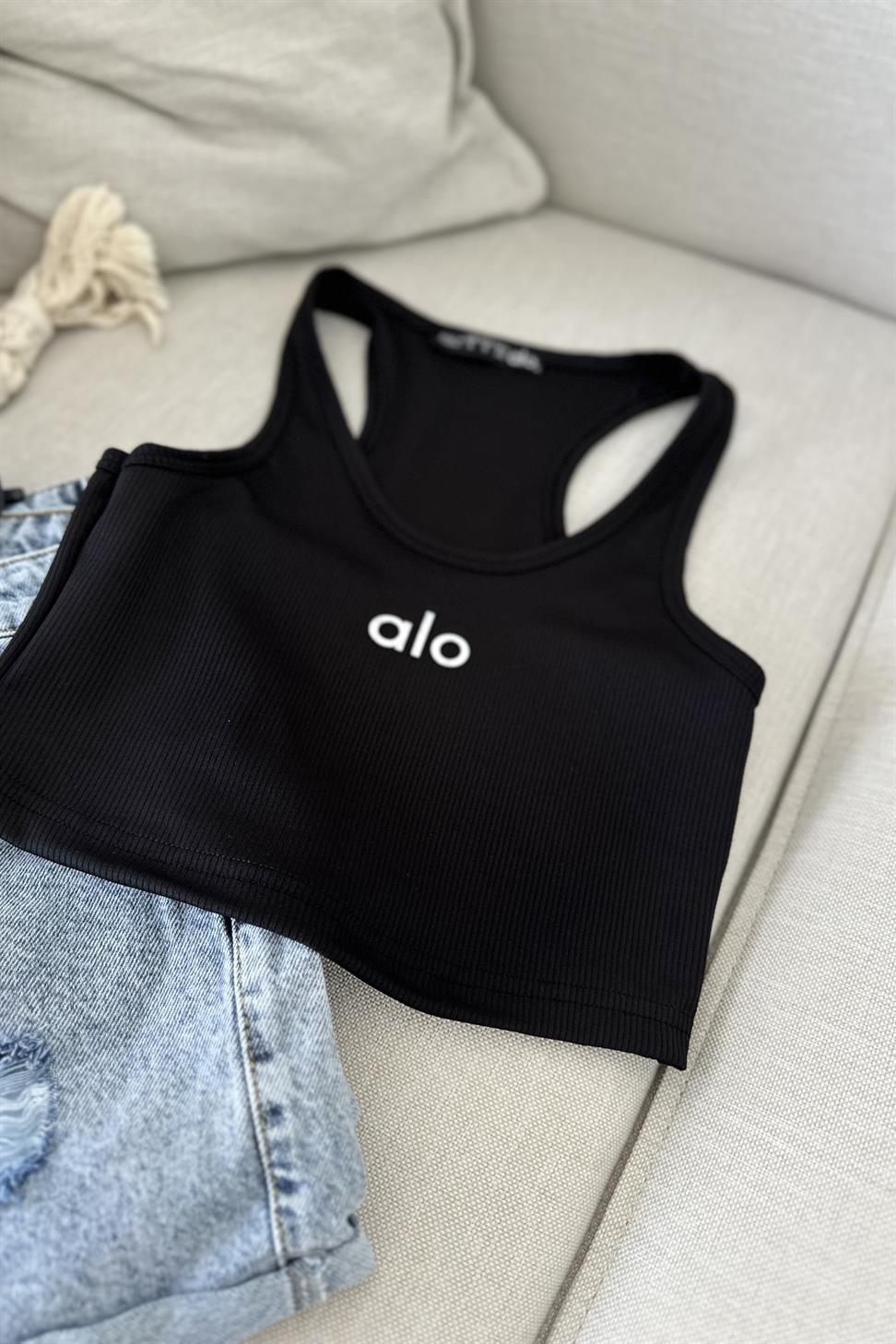 Orjinal Marka Halter Yaka Crop Bluz Siyah