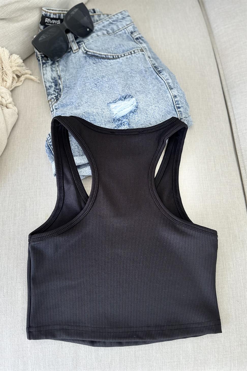Orjinal Marka Halter Yaka Crop Bluz Siyah
