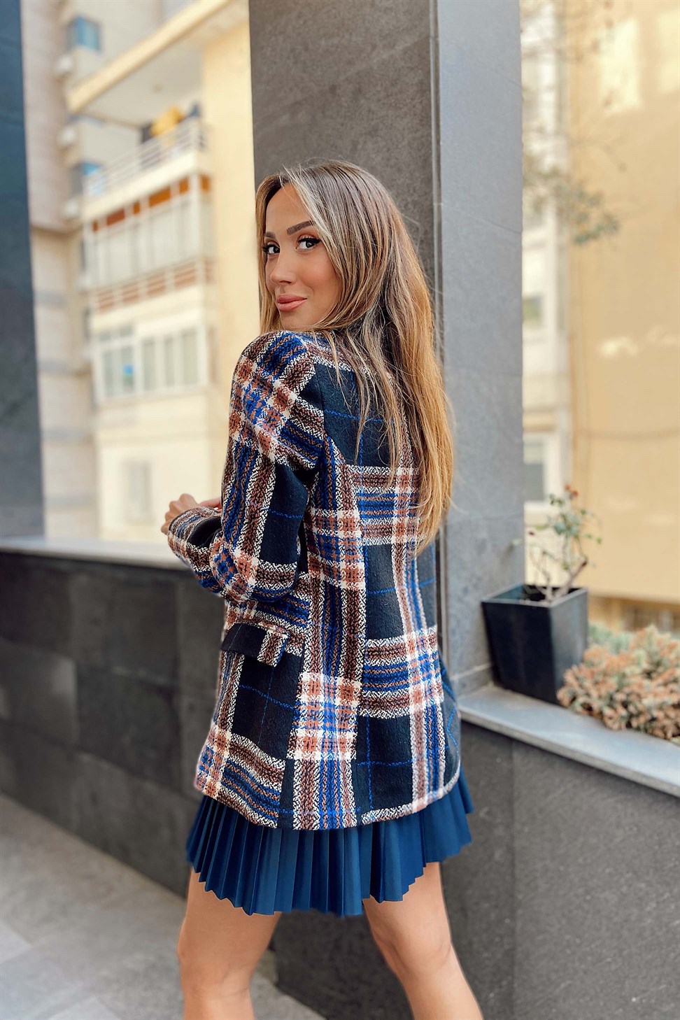 Orjinal Marka Kareli Blazer Ceket Siyah