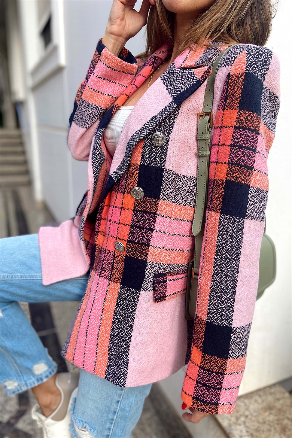 Orjinal Marka Kareli Blazer Ceket Toz Pembe