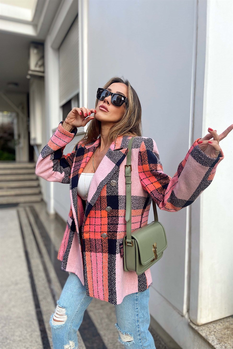 Orjinal Marka Kareli Blazer Ceket Toz Pembe