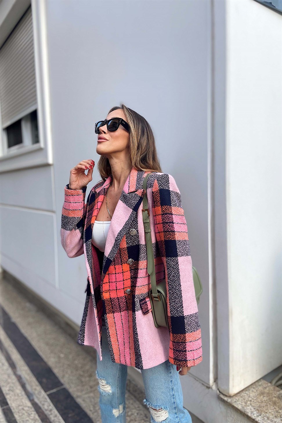 Orjinal Marka Kareli Blazer Ceket Toz Pembe