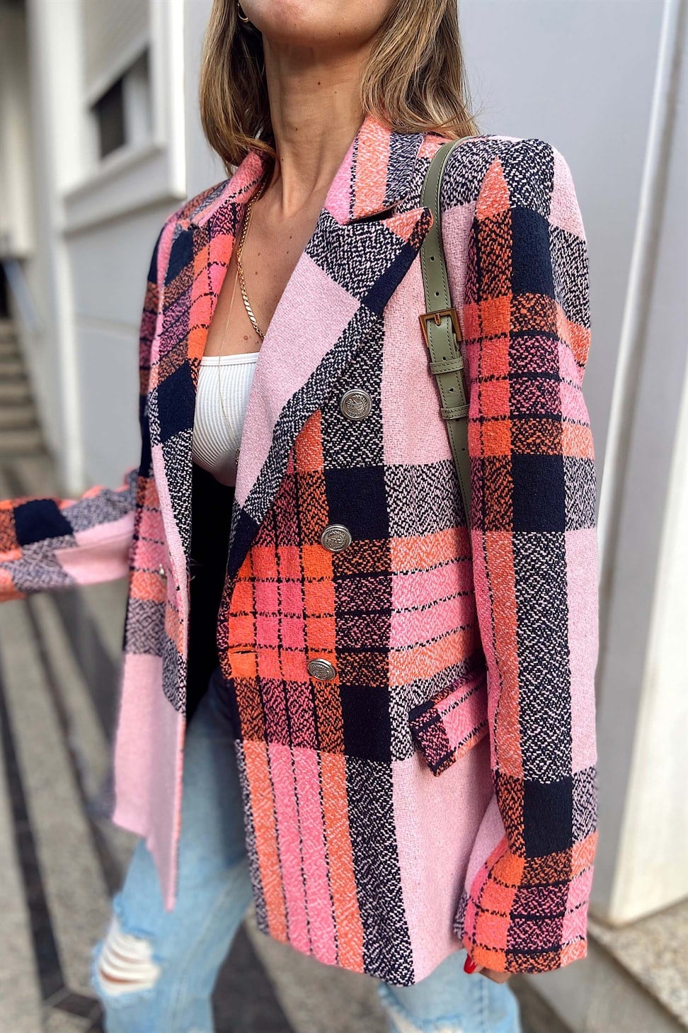 Orjinal Marka Kareli Blazer Ceket Toz Pembe