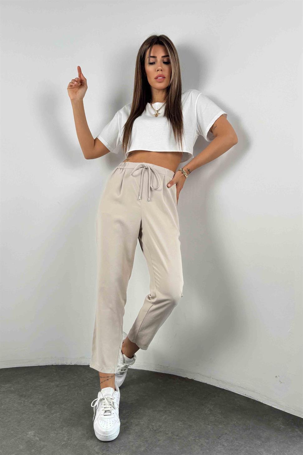 Orjinal Marka Krep Kumaş Kadın Pantolon Taş