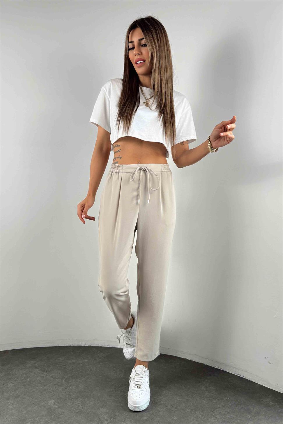 Orjinal Marka Krep Kumaş Kadın Pantolon Taş