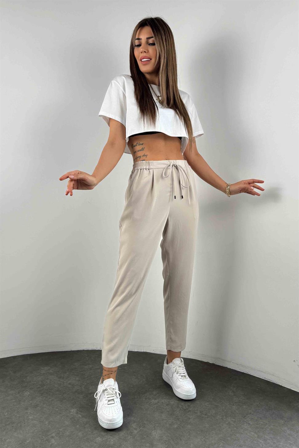 Orjinal Marka Krep Kumaş Kadın Pantolon Taş