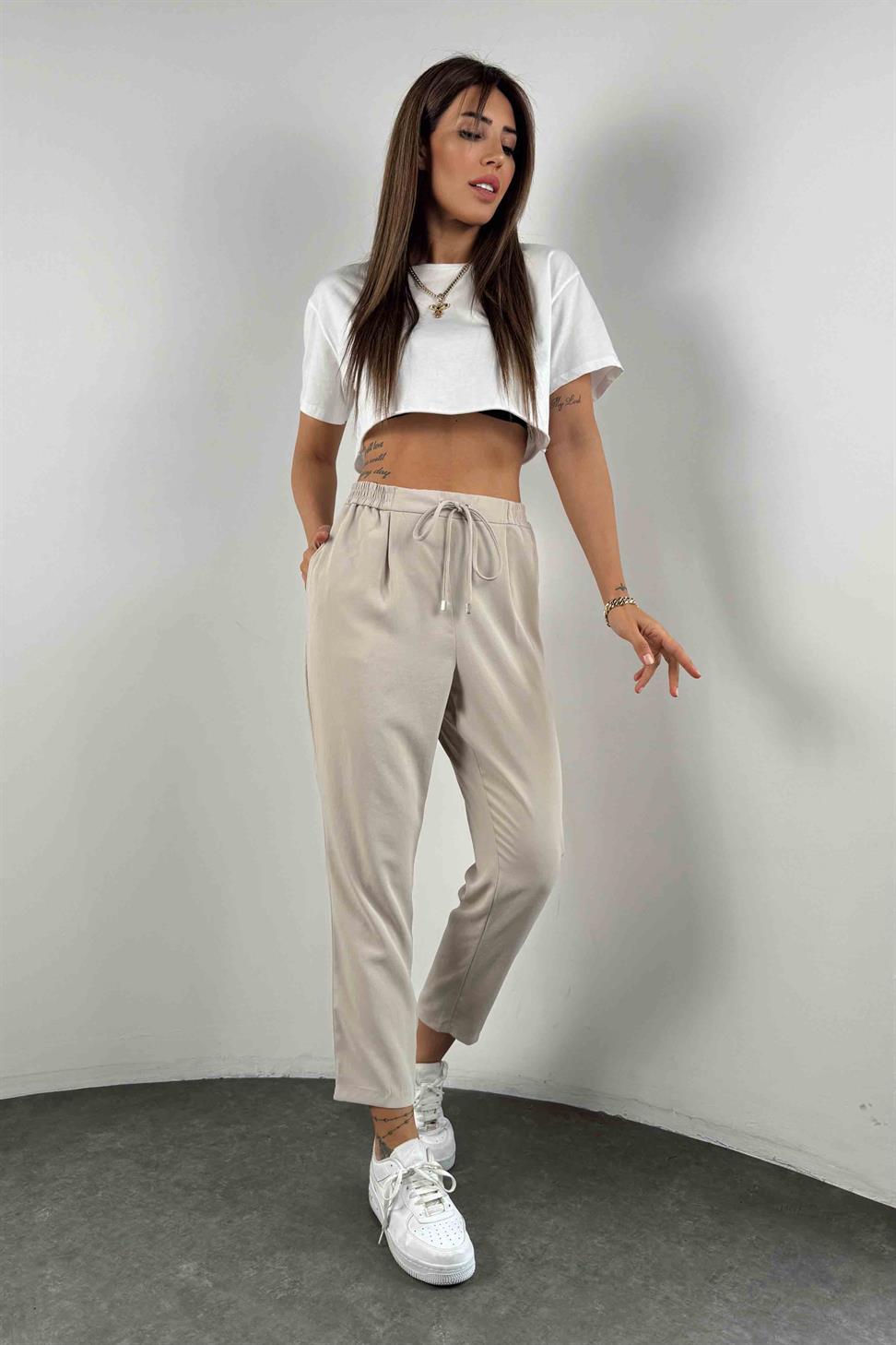 Orjinal Marka Krep Kumaş Kadın Pantolon Taş