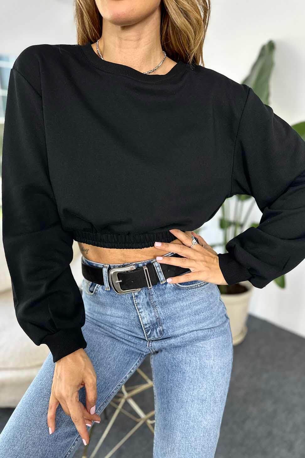 Pamuklu Kumaş Beli Lastikli Crop Sweatshirt Siyah