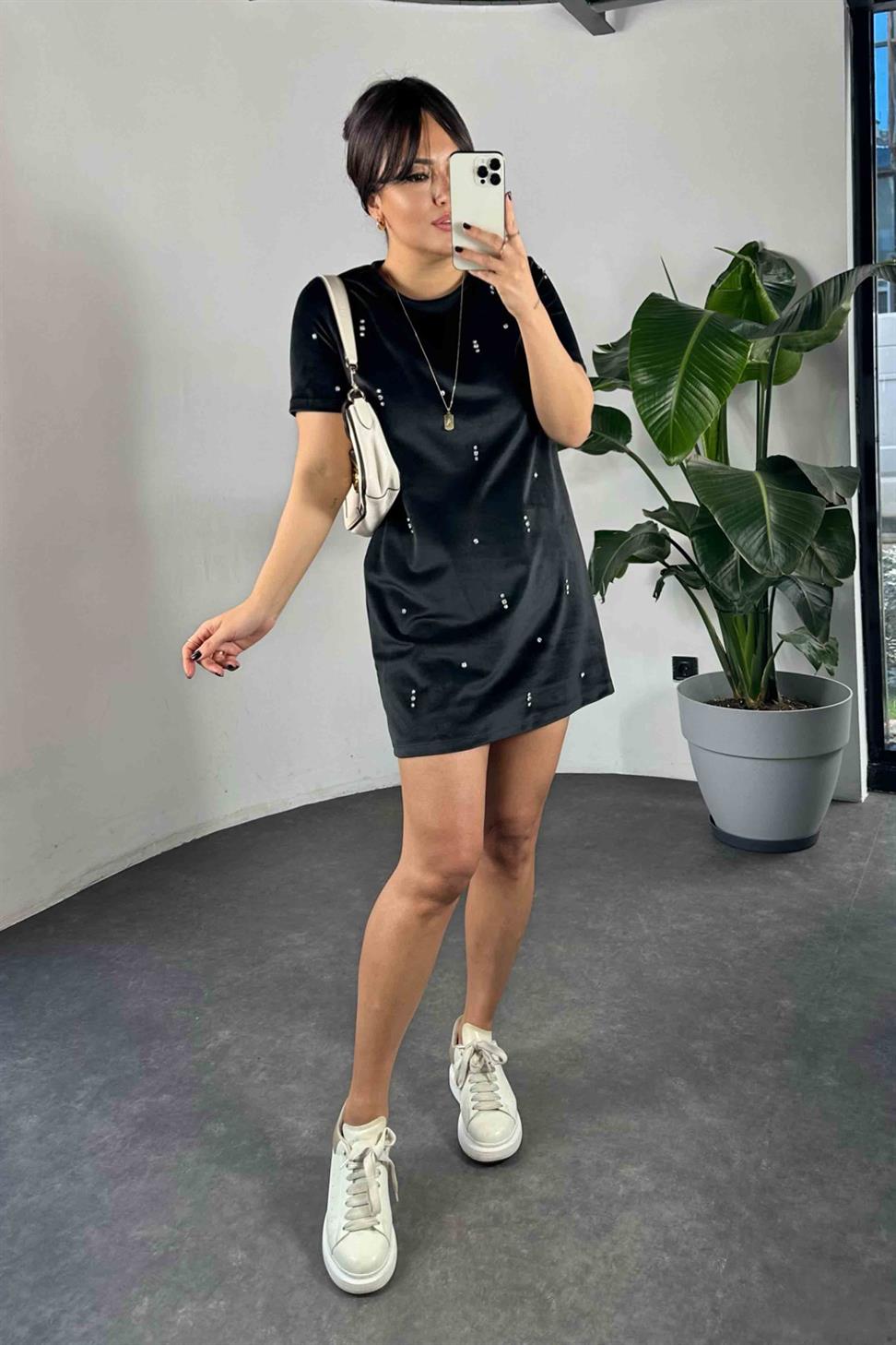 Orjinal Marka Swarovski Taş Detay Kadife Kadın Elbise Siyah