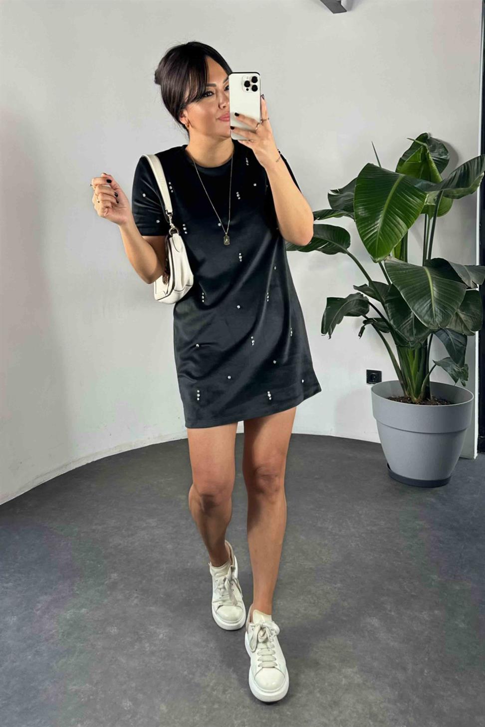 Orjinal Marka Swarovski Taş Detay Kadife Kadın Elbise Siyah