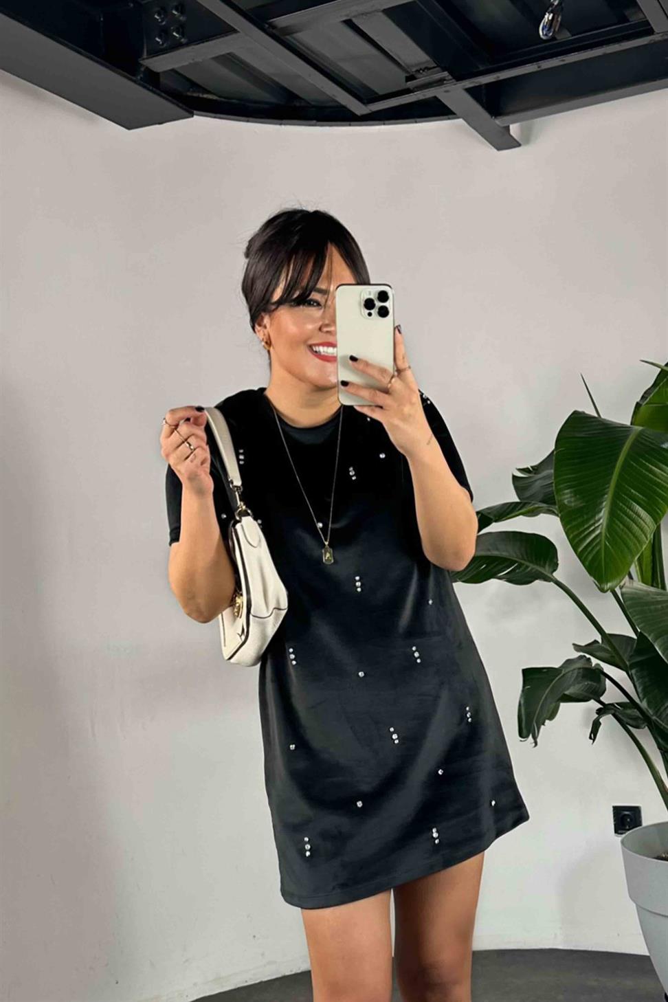 Orjinal Marka Swarovski Taş Detay Kadife Kadın Elbise Siyah