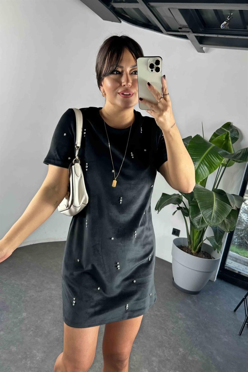 Orjinal Marka Swarovski Taş Detay Kadife Kadın Elbise Siyah