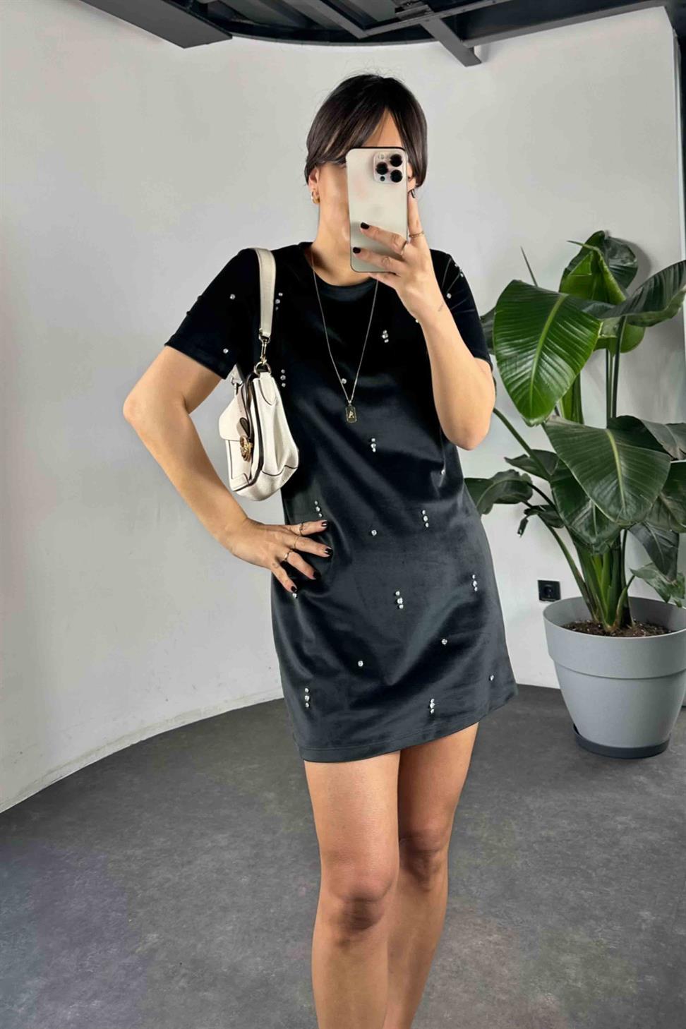 Orjinal Marka Swarovski Taş Detay Kadife Kadın Elbise Siyah