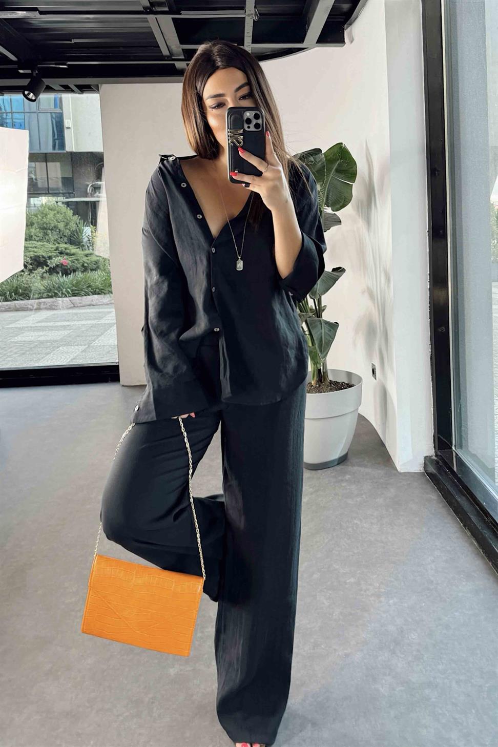 Orjinal Marka Tensel Kumaş İkili Takım Siyah