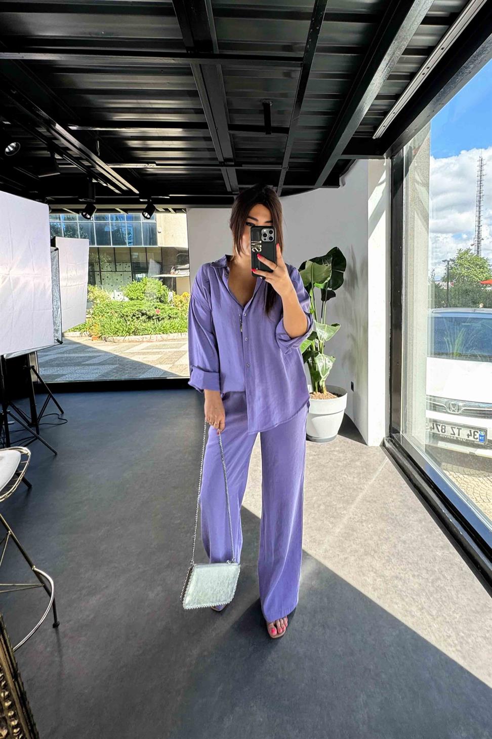 Orjinal Marka Tensel Kumaş İkili Takım Mor