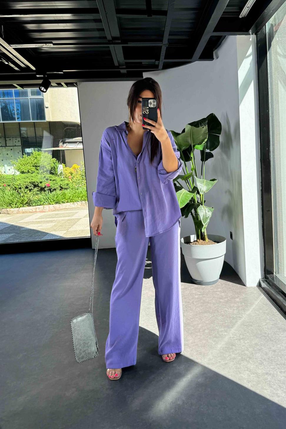 Orjinal Marka Tensel Kumaş İkili Takım Mor