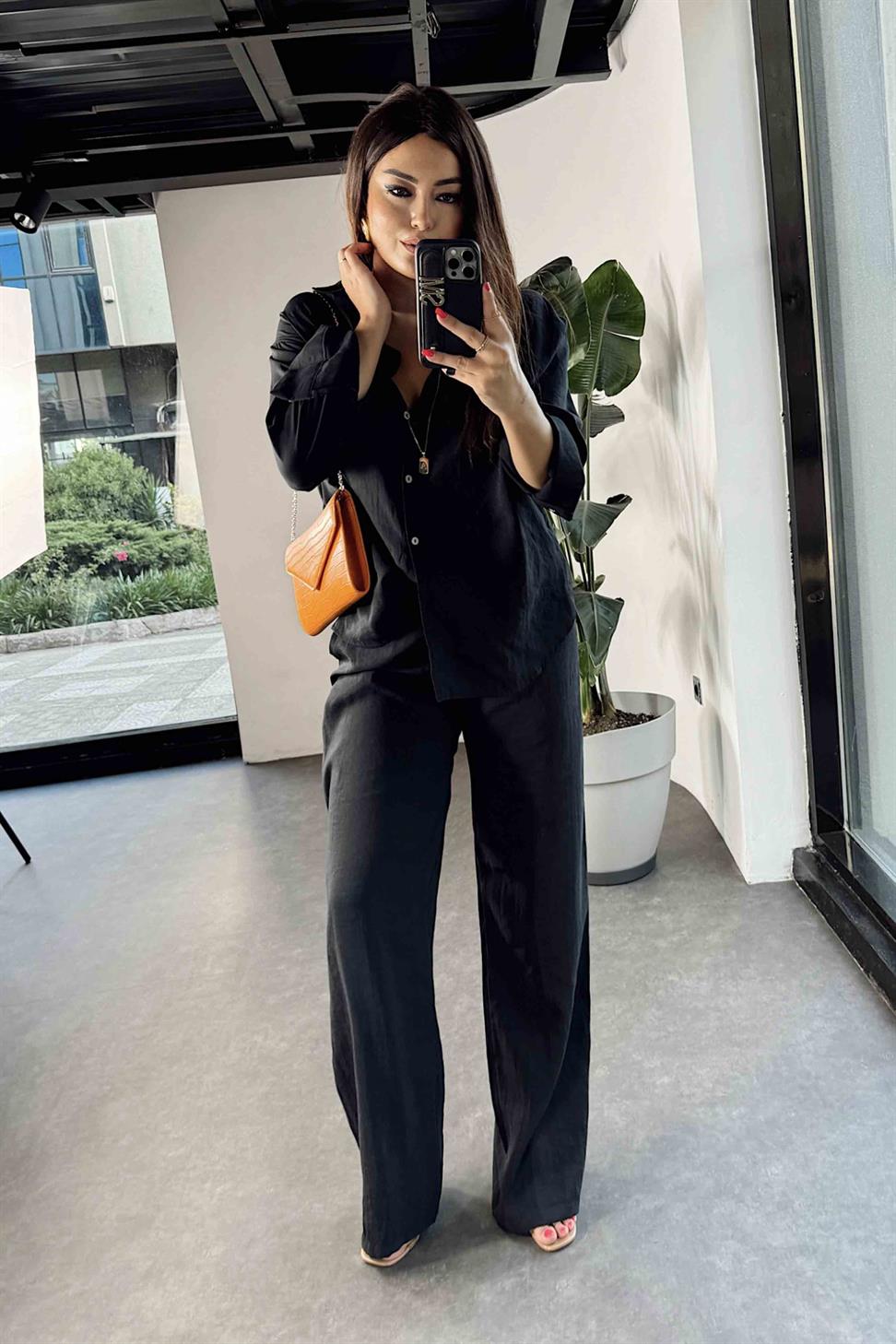 Orjinal Marka Tensel Kumaş İkili Takım Siyah