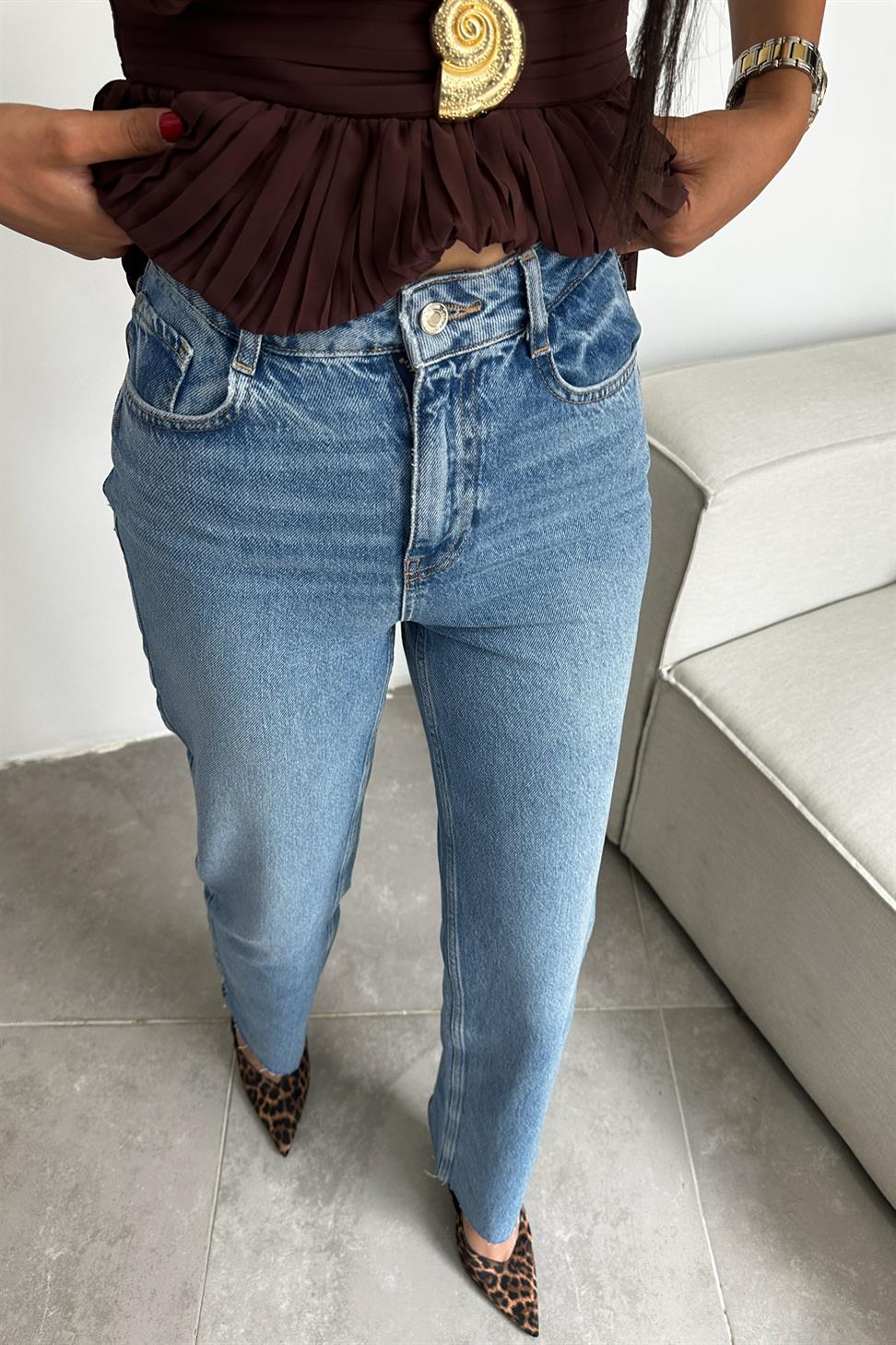 Orjinal Marka Yüksek Bel Boyfriend Jean Pantolon Mavi