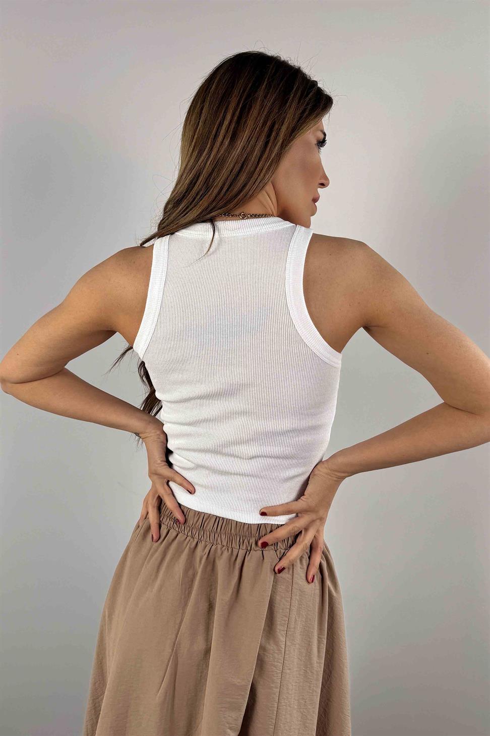 Orjinal Model Halter Yaka Taşlı Tasarım Bluz Beyaz