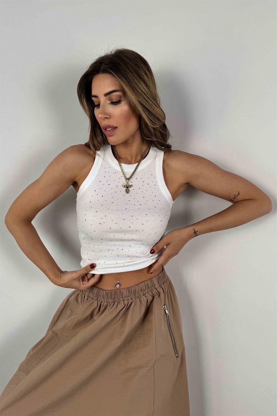 Orjinal Model Halter Yaka Taşlı Tasarım Bluz Beyaz