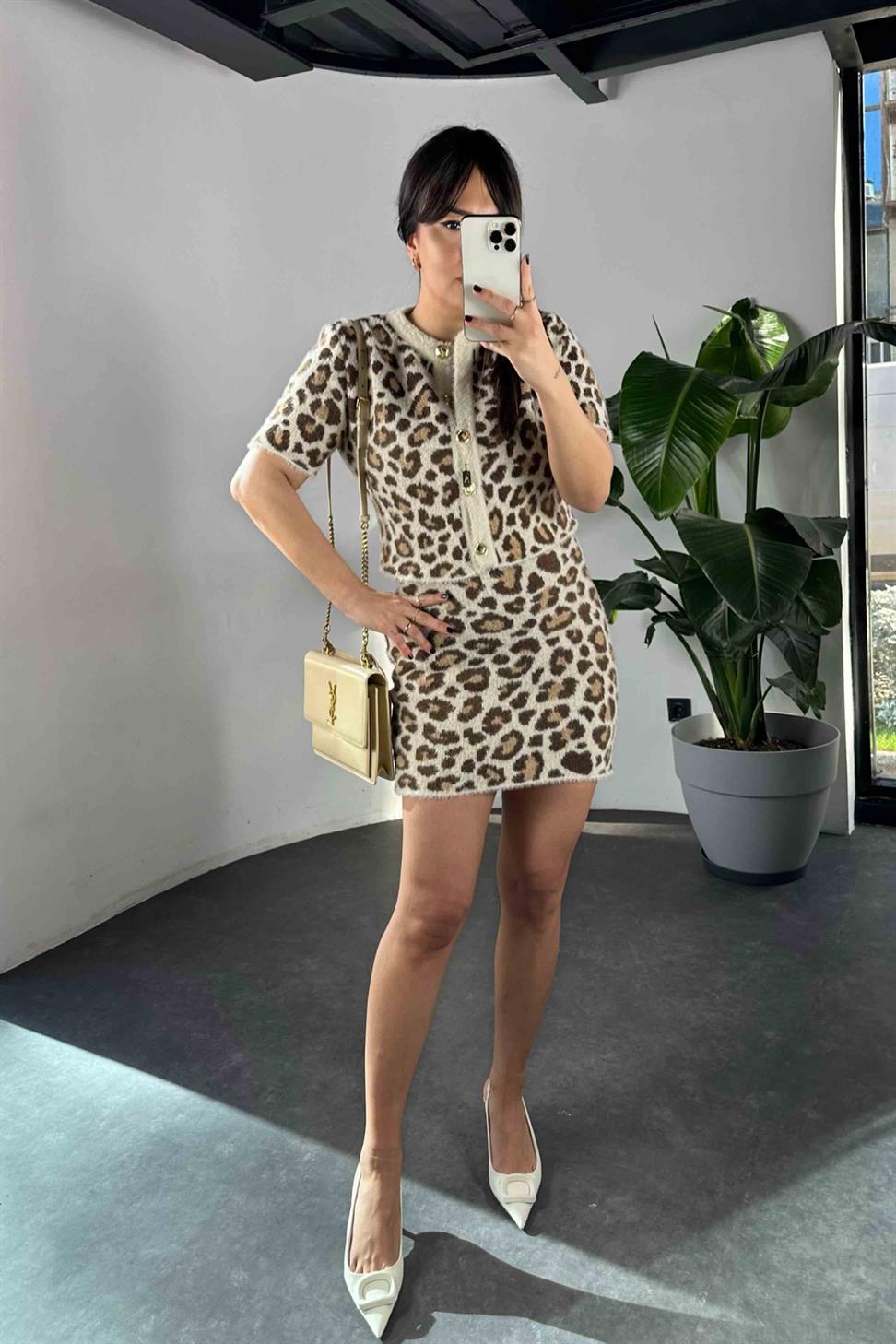 Orjinal Model Likralı Leopar Desen İkili Kadın Takım Bej