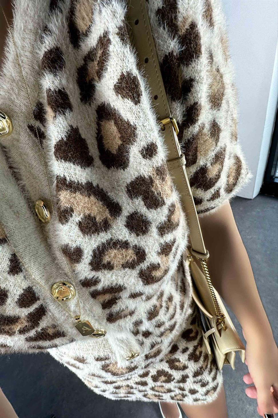 Orjinal Model Likralı Leopar Desen İkili Kadın Takım Bej