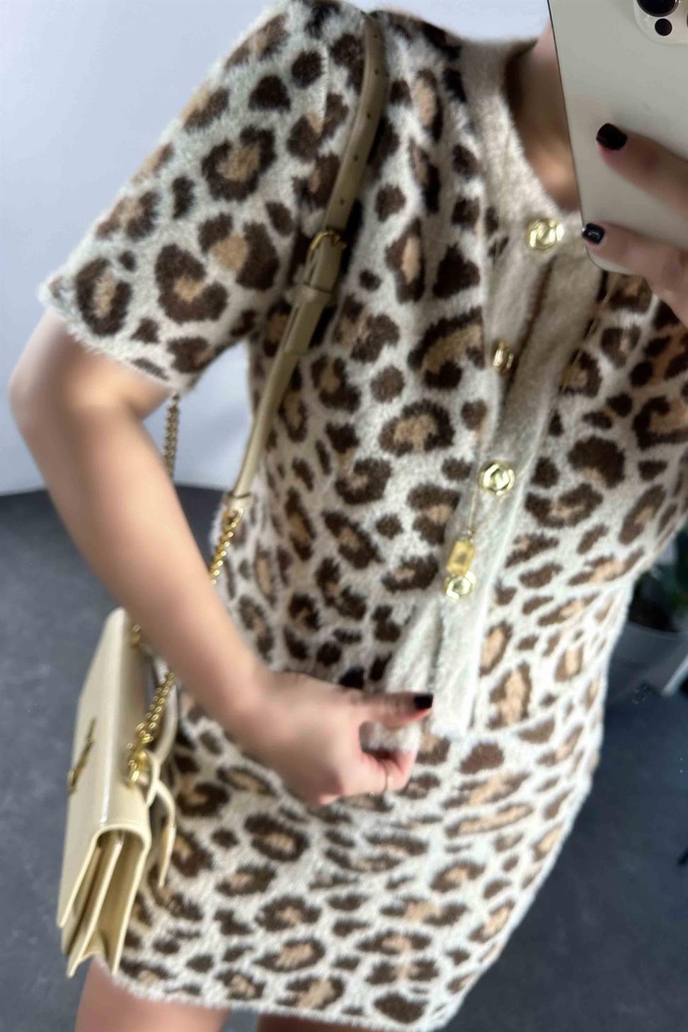 Orjinal Model Likralı Leopar Desen İkili Kadın Takım Bej