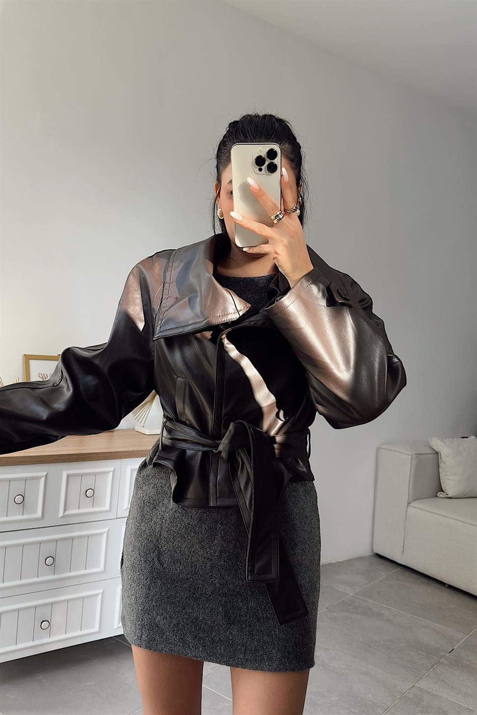 Orjinal Model Vegan Deri Biker Ceket Acı Kahve
