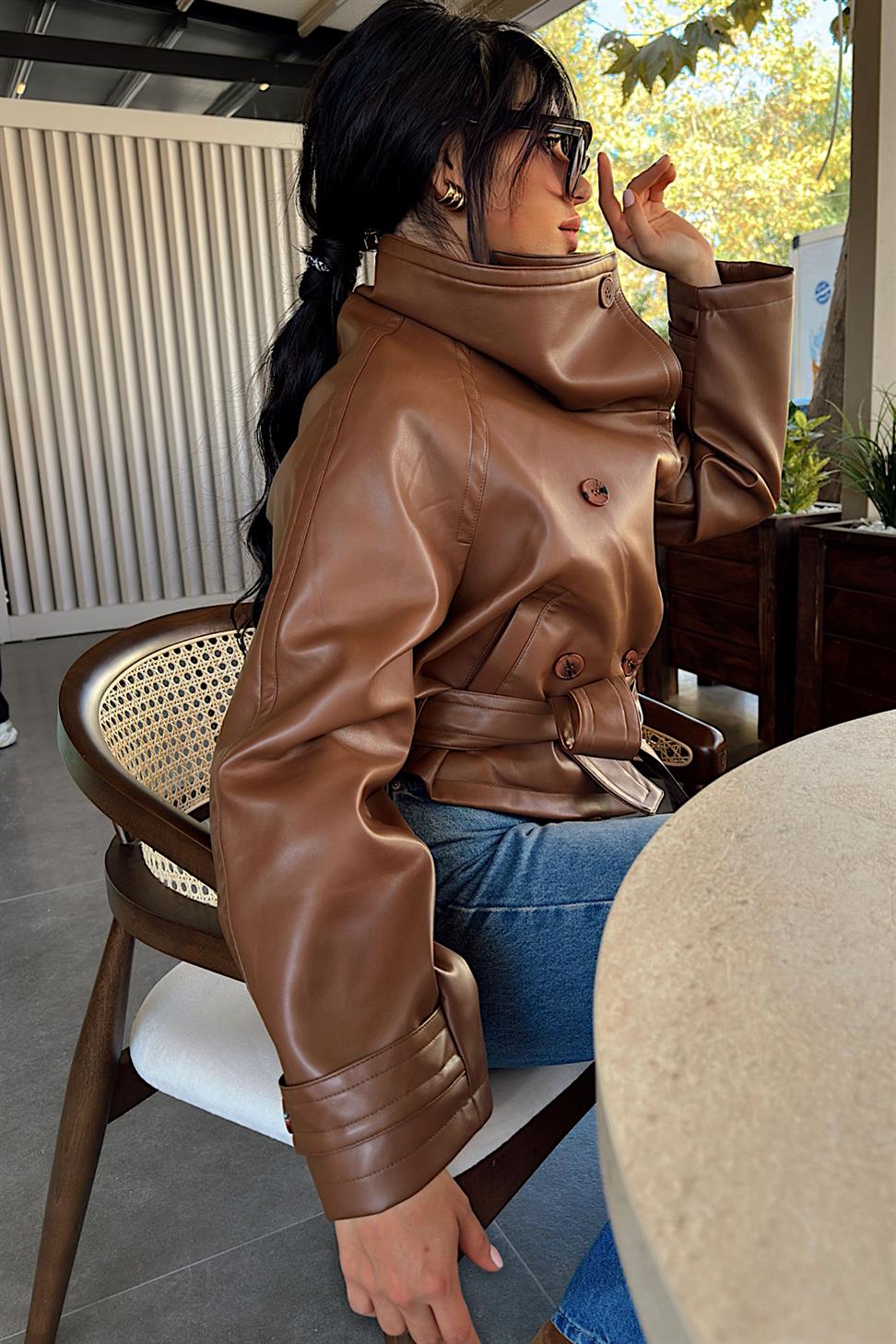 Orjinal Model Vegan Deri Biker Ceket Taba