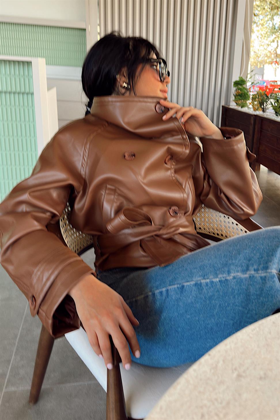 Orjinal Model Vegan Deri Biker Ceket Taba