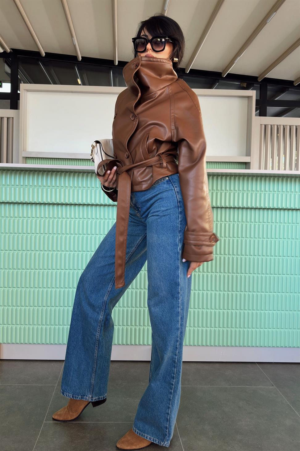 Orjinal Model Vegan Deri Biker Ceket Taba