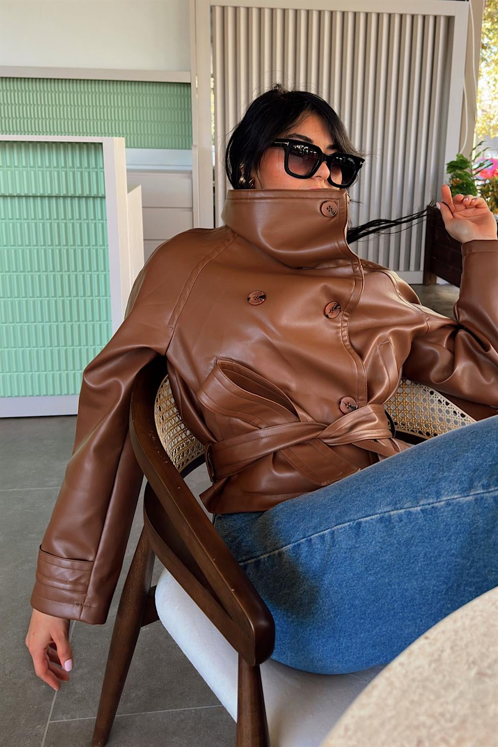 Orjinal Model Vegan Deri Biker Ceket Taba