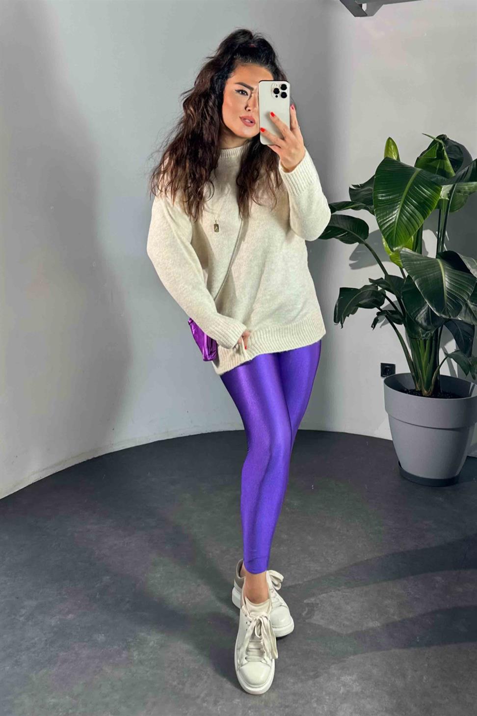 Orjinal Model Yüksek Bel Disco Kadın Tayt Mor