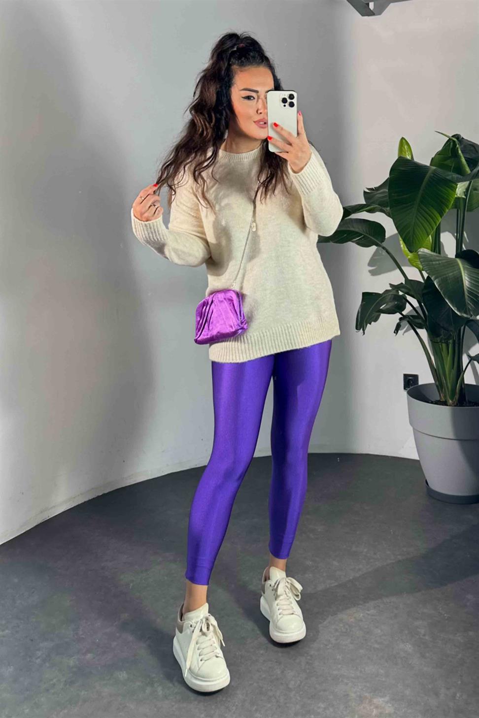 Orjinal Model Yüksek Bel Disco Kadın Tayt Mor