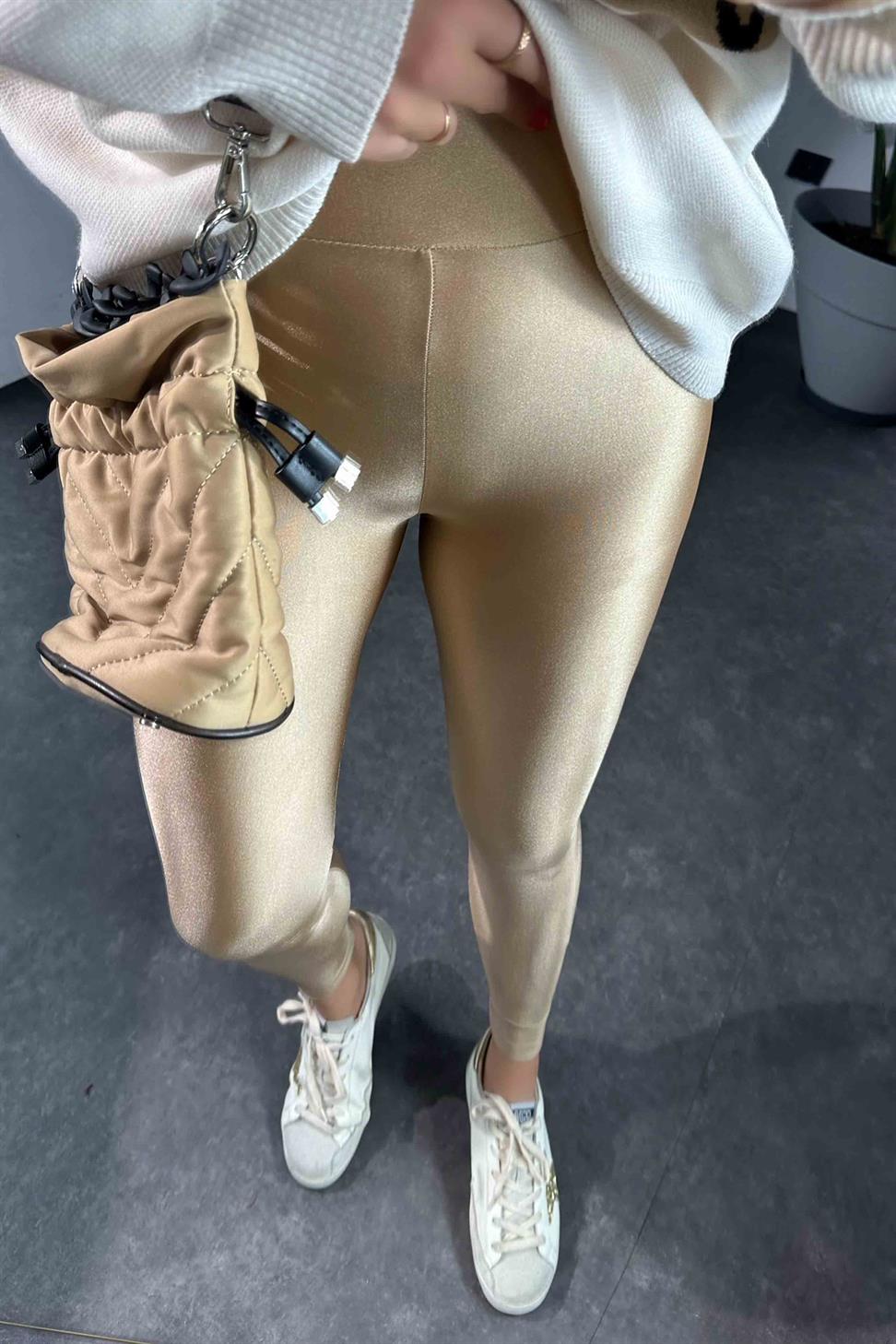 Orjinal Model Yüksek Bel Disco Kadın Tayt Bej