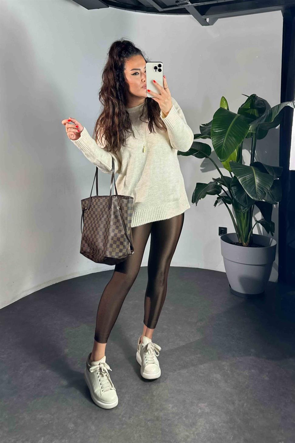 Orjinal Model Yüksek Bel Disco Kadın Tayt Acı Kahve