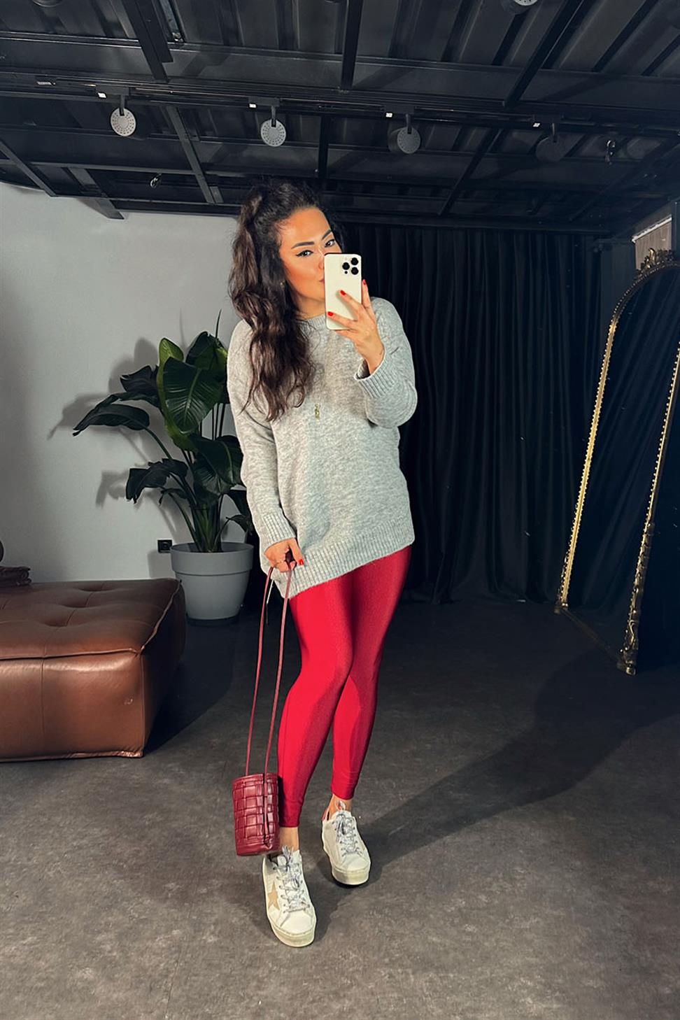 Orjinal Model Yüksek Bel Disco Kadın Tayt Vişne