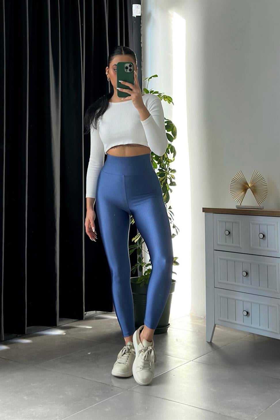 Orjinal Model Yüksek Bel Disco Kadın Tayt İndigo Mavi