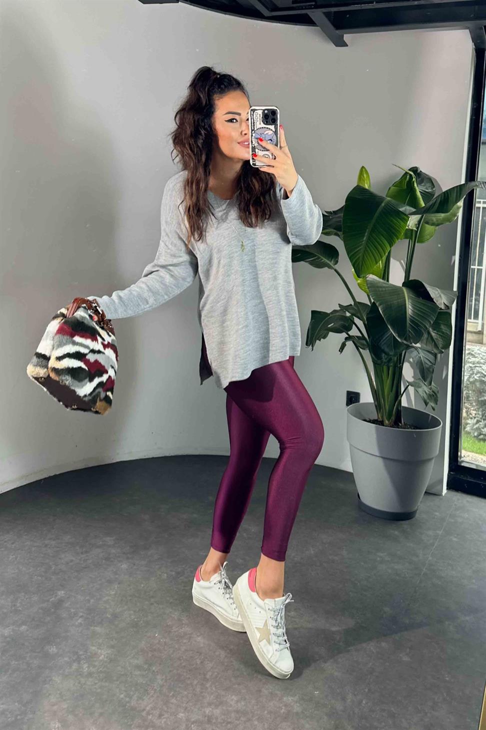 Orjinal Model Yüksek Bel Disco Kadın Tayt Mürdüm