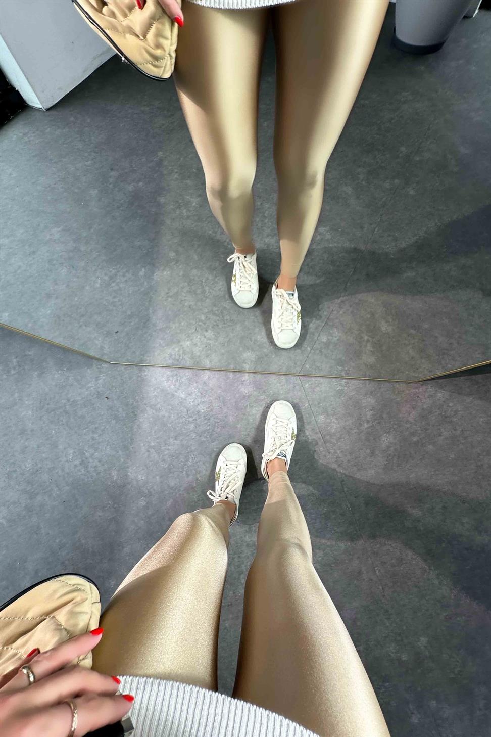 Orjinal Model Yüksek Bel Disco Kadın Tayt Bej