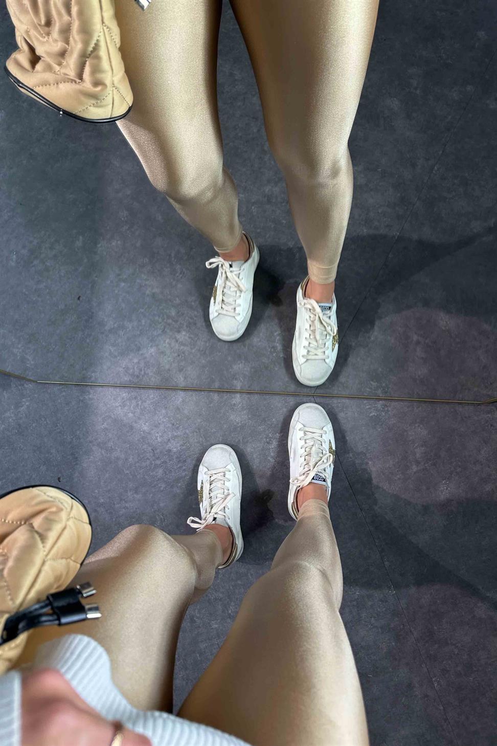 Orjinal Model Yüksek Bel Disco Kadın Tayt Bej