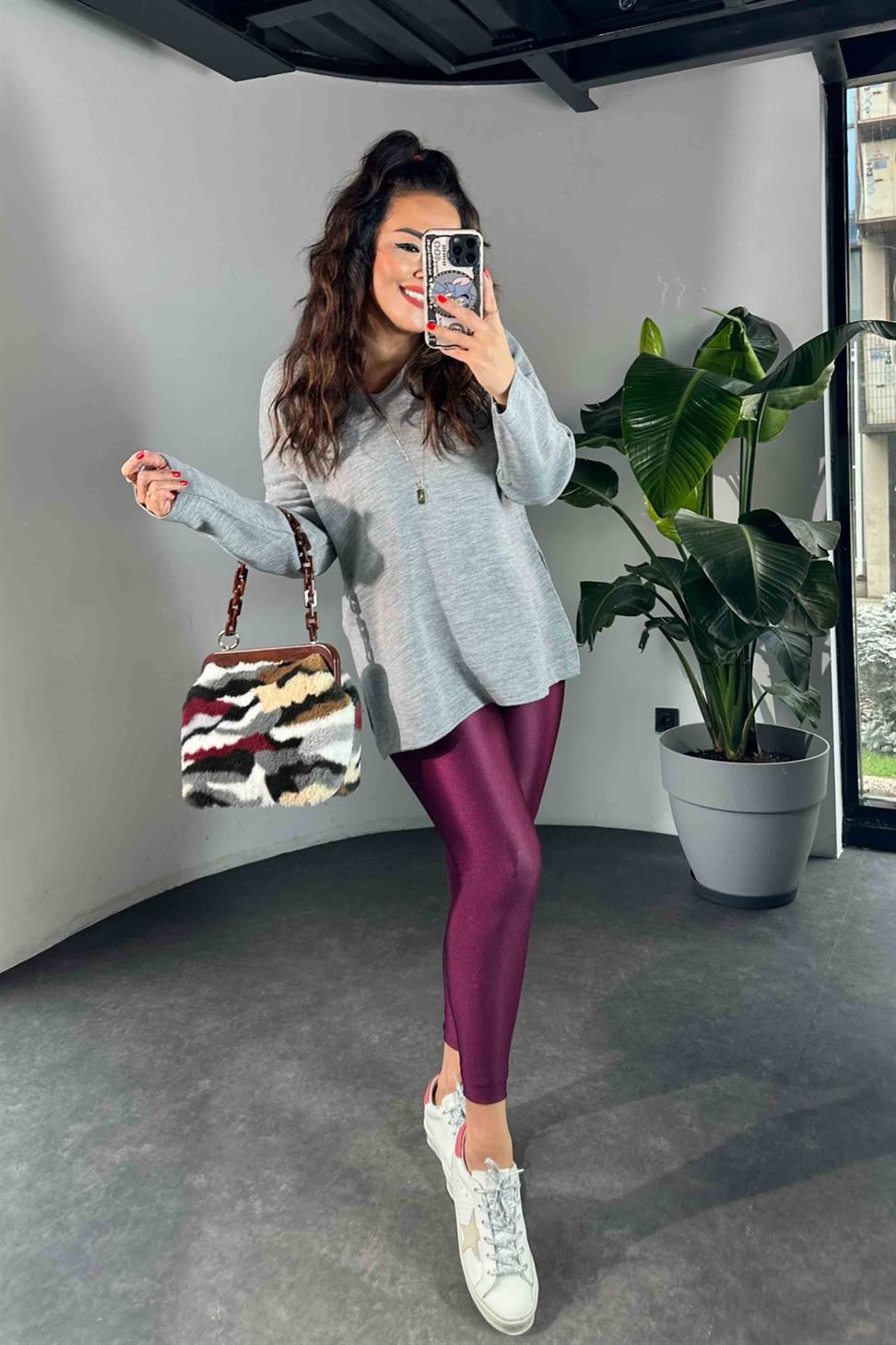 Orjinal Model Yüksek Bel Disco Kadın Tayt Mürdüm