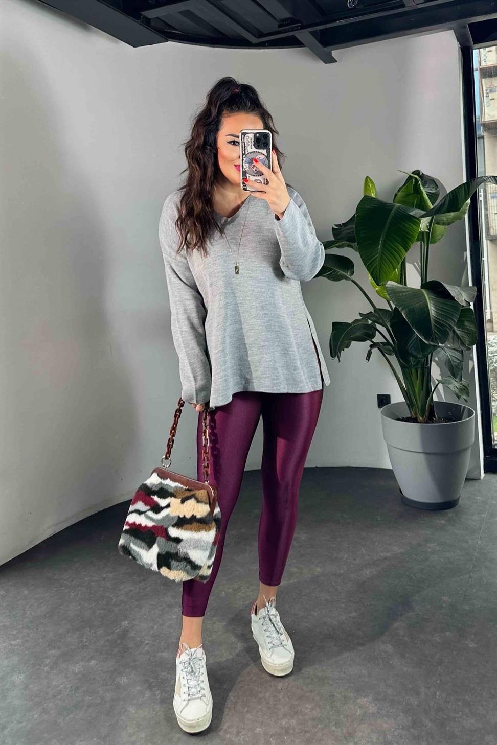 Orjinal Model Yüksek Bel Disco Kadın Tayt Mürdüm