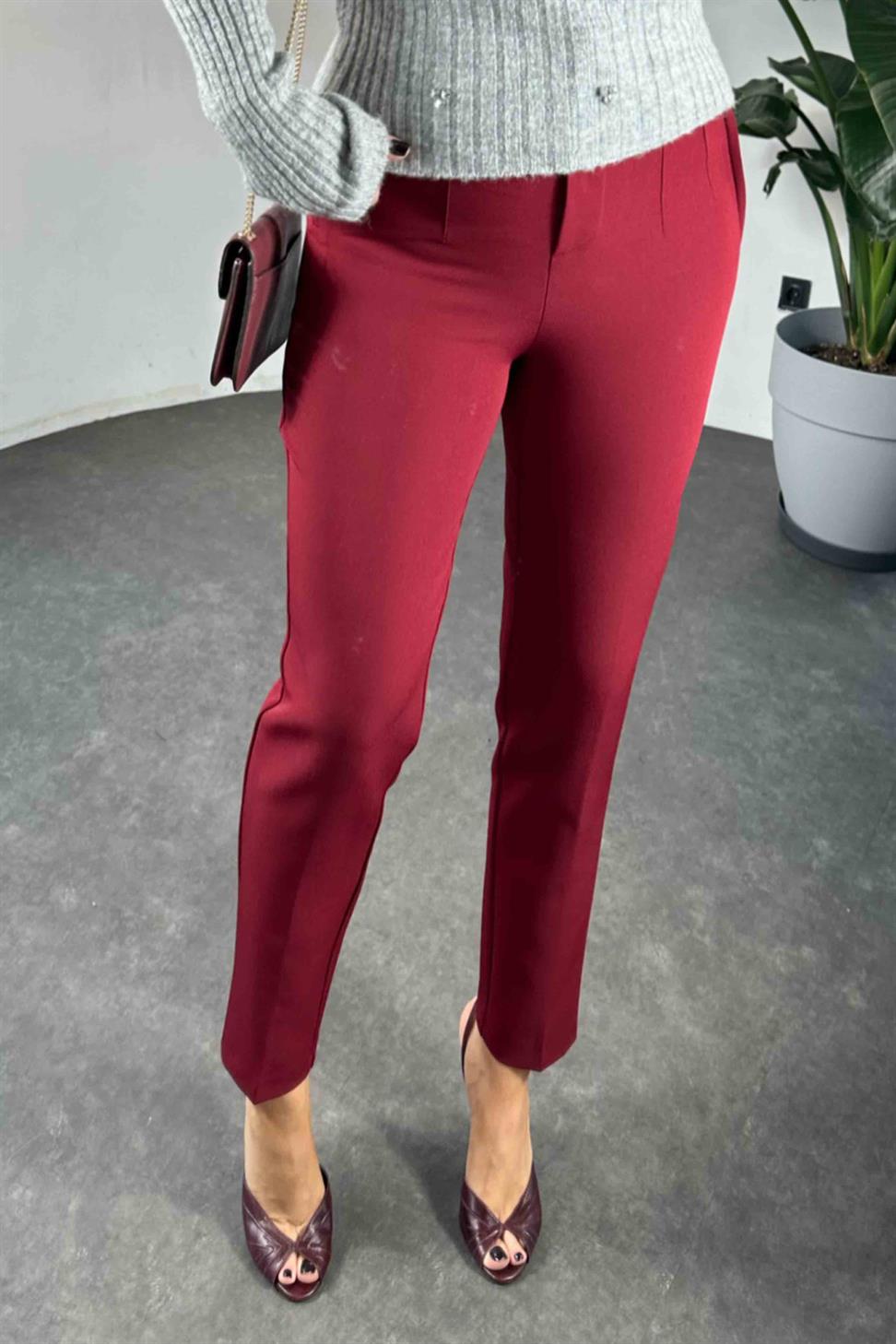 Orjinal Model Yüksek Bel Pensli Kumaş Pantolon Bordo