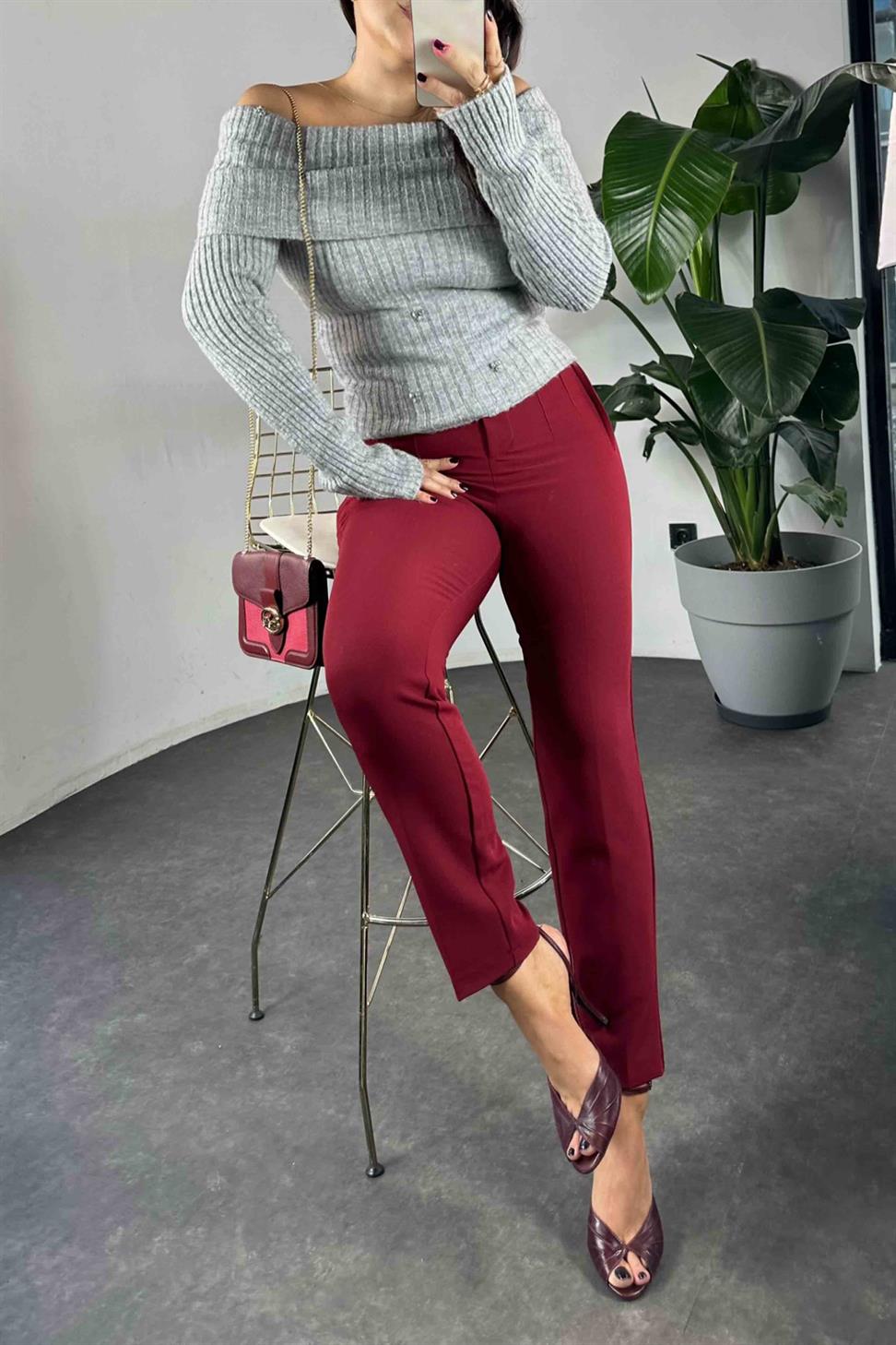 Orjinal Model Yüksek Bel Pensli Kumaş Pantolon Bordo